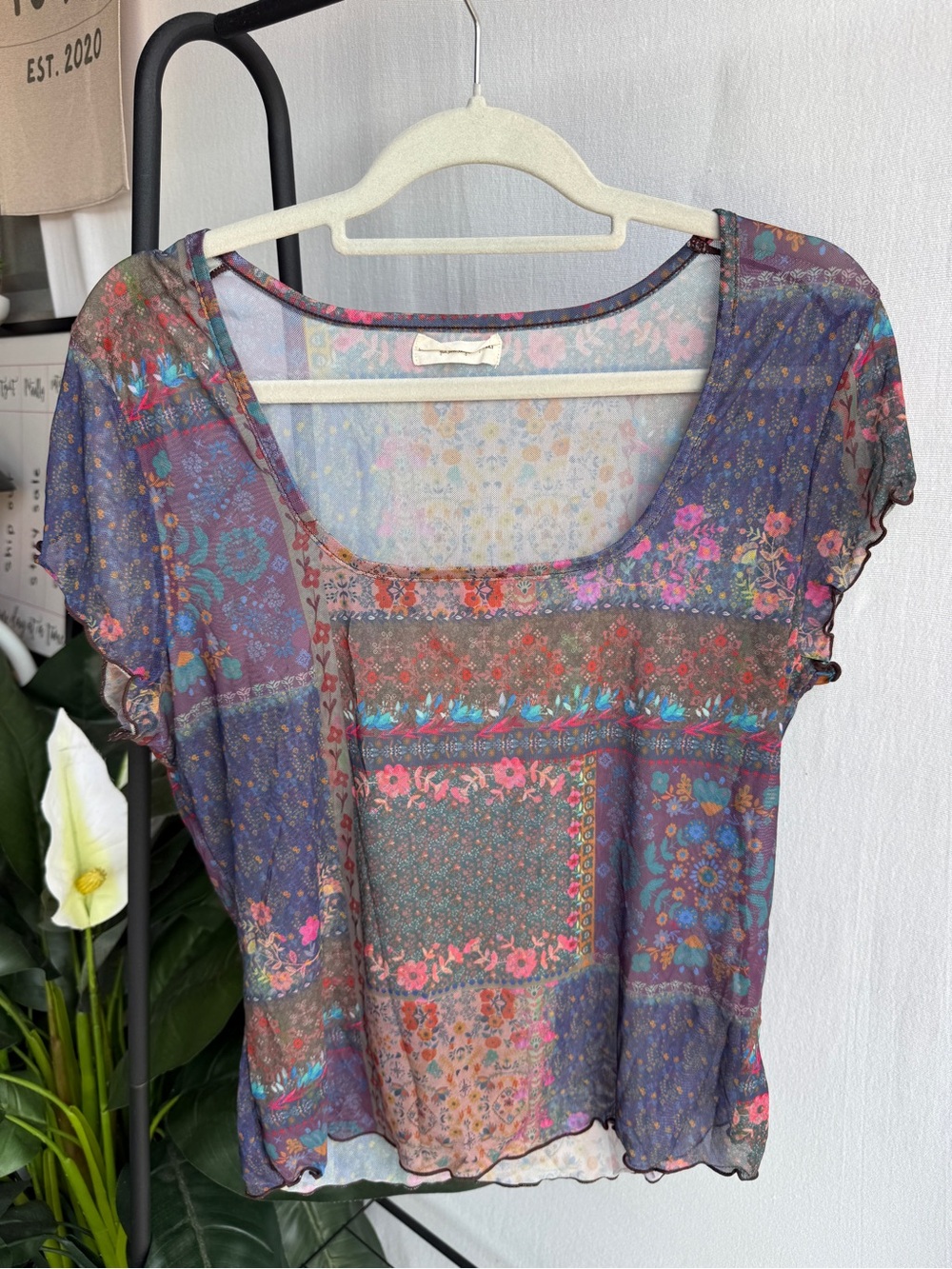 Natural Life Boho Patchwork Scoop Sheer Neck Top / Size XL